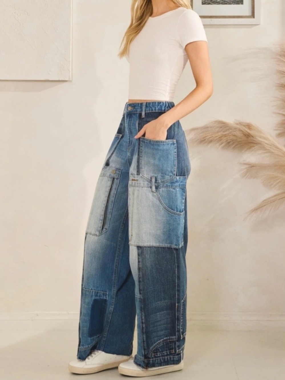 Oli & Hali Wide Leg Upside Down Dark Light Blue Wash Medium Patch Pockets Jeans